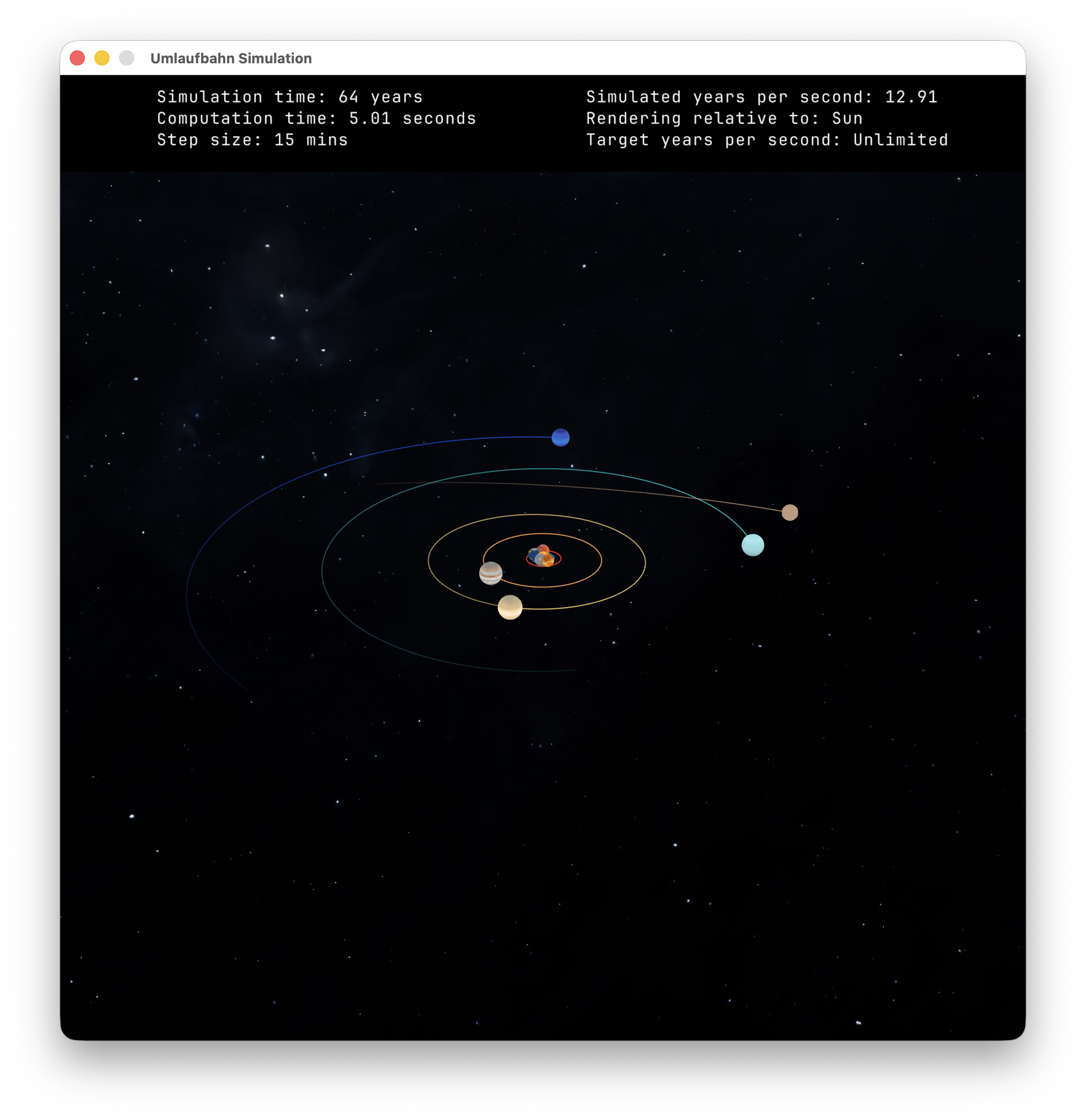 3D view of the solar system with planets and orbit trails in simulation-orbit